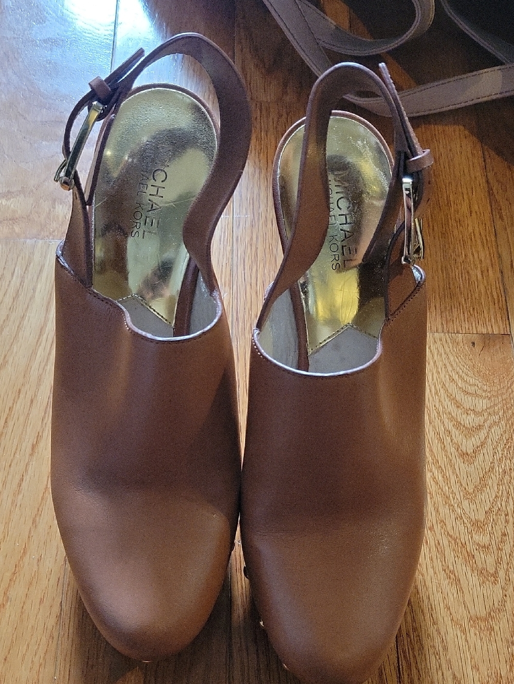 Michael Kors Brown Leather Slingback Mules with Gold Insole